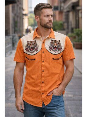 Boozelele Retro Tattoo Tiger Print Shirt 100% cotton classic fit button down XL